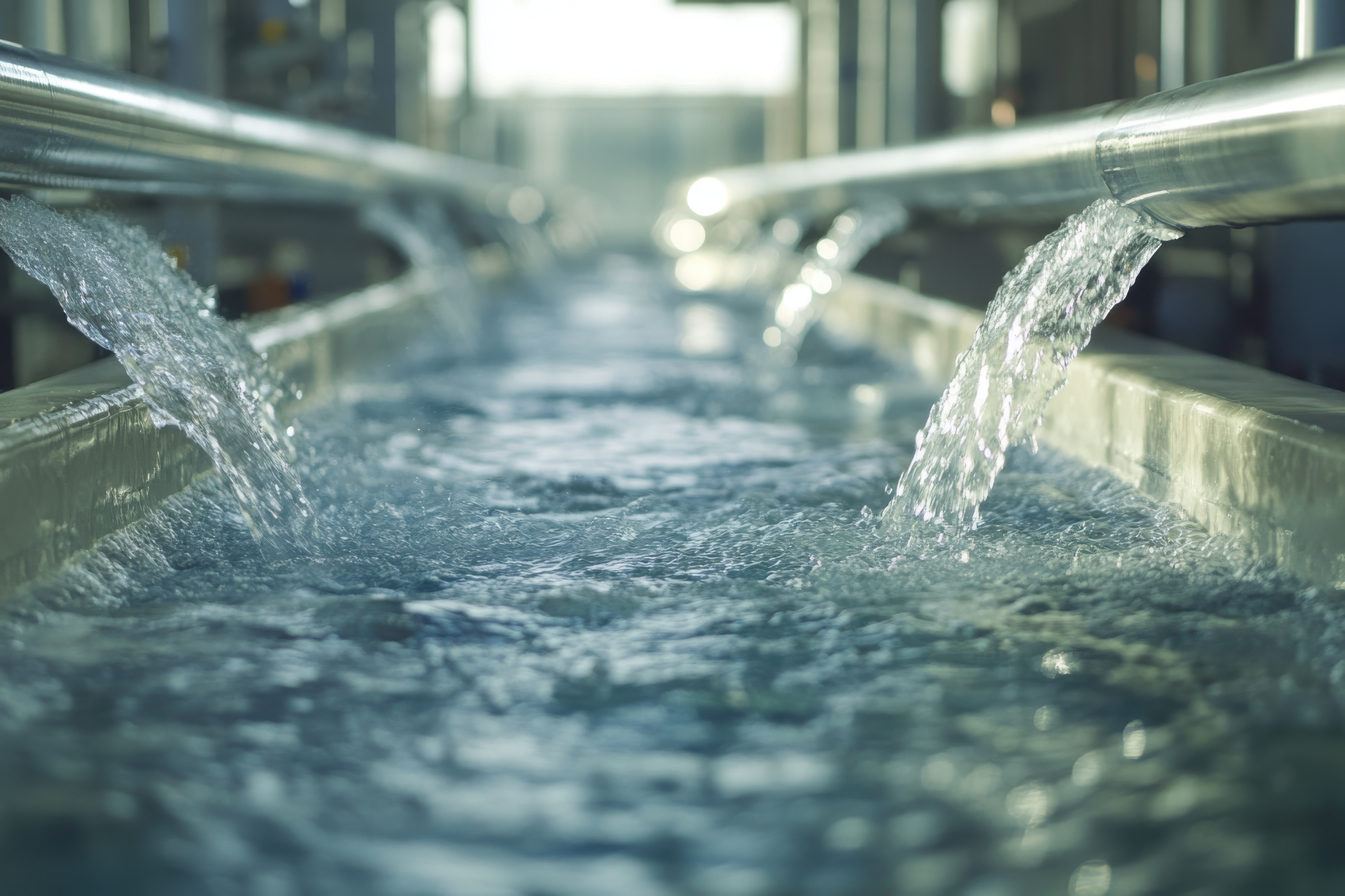 View of a water purification plant system, moving water from one filtration stage to another. 