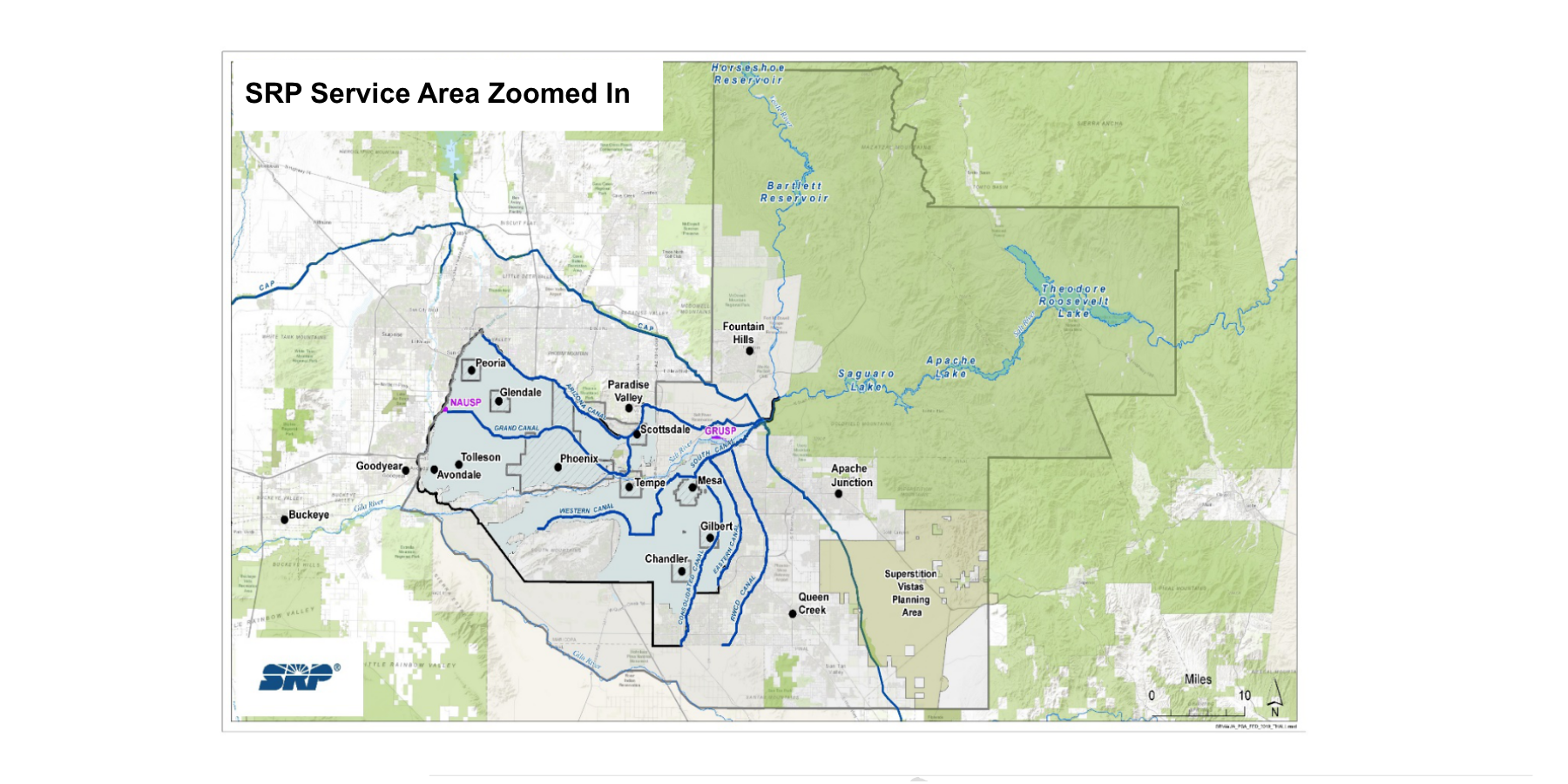 Figure 3: A zoomed in view of the SRP Service Area with city markers