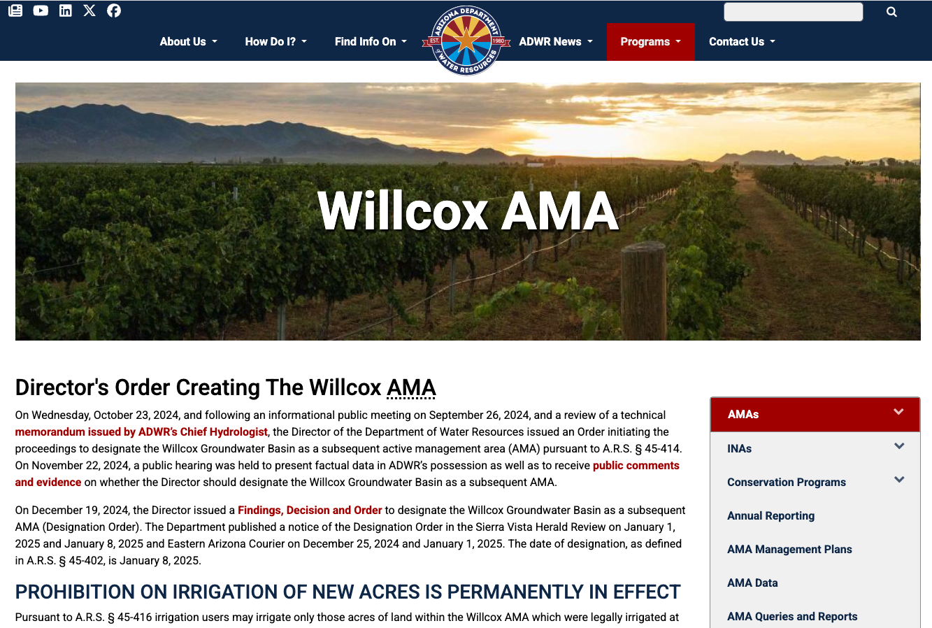 Willcox AMA Webpage and FAQs published by ADWR